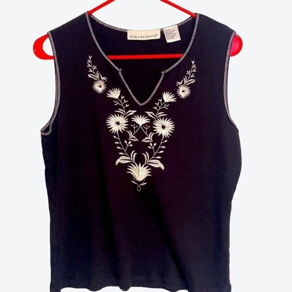 Requirements Black Floral Embroidered Cotton Tank Top Sweater Size L - Picture 2 of 7